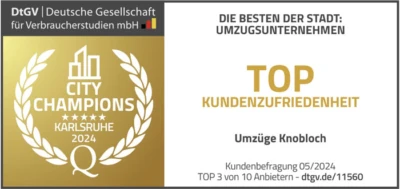 DtGV City Champions Karlsruhe 2024: Umzüge Knobloch, Top Kundenzufriedenheit, Kundenbefragung Mai 2024