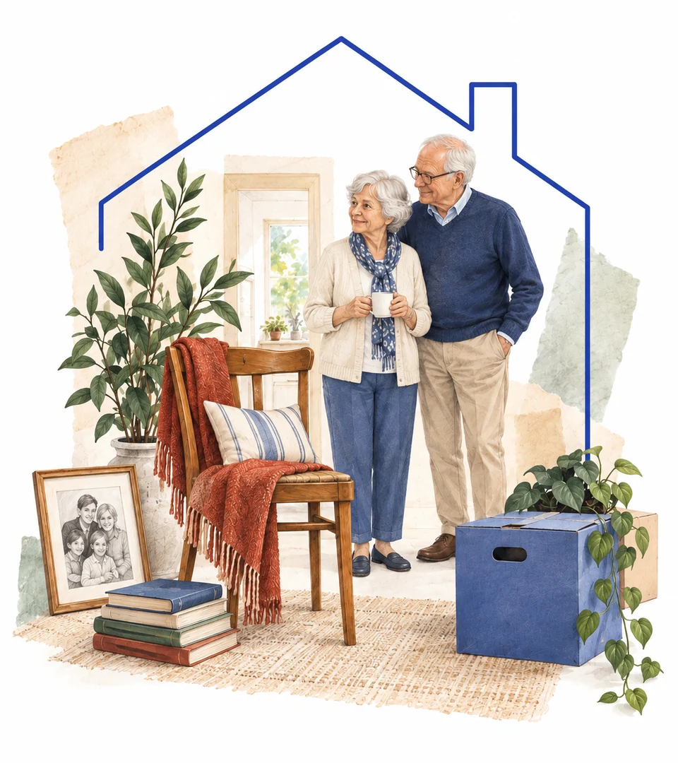 Illustration eines älteren Paares mit vertrauten Möbeln, Erinnerungsstücken und Umzugskartons im Umriss eines Hauses.